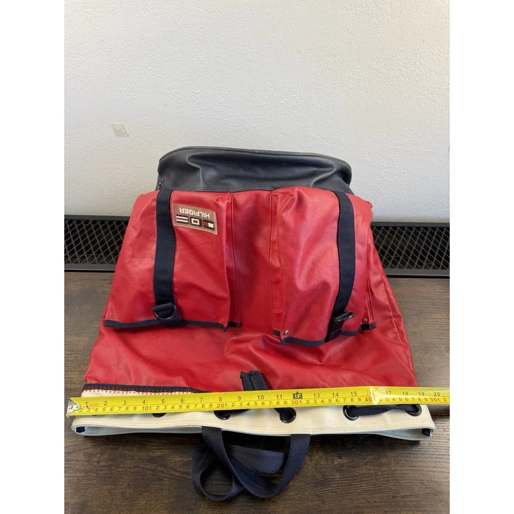 Vintage RARE Tommy Hilfiger Drawstring Backpack Red Navy Canvas Large Duffle Bag